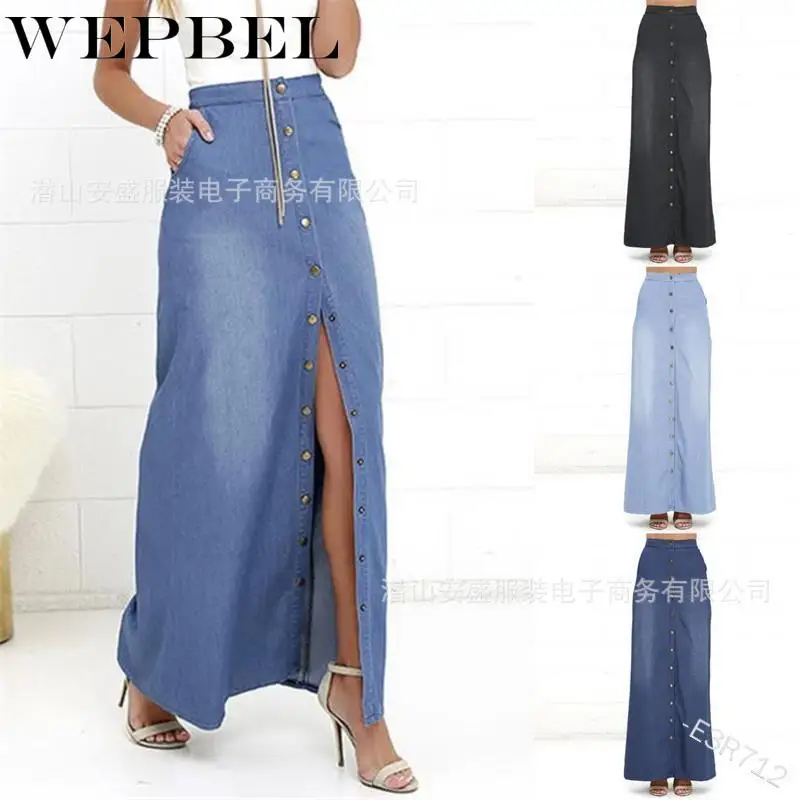 WEPBEL-faldas tejano largo para mujer, falda de tela vaquera de cintura alta, hilera de botones, de talla grande S-3XL