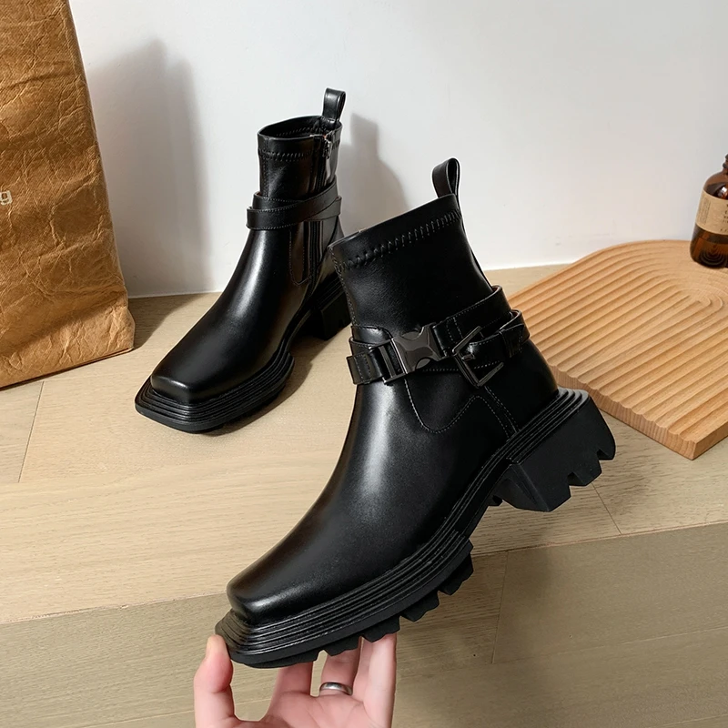 

Women Boots Toe 2021 Autumn Genuine Leather Platform Boots Women Shoes Women Booties British Zip Retro Trend Zapatos De Mujer