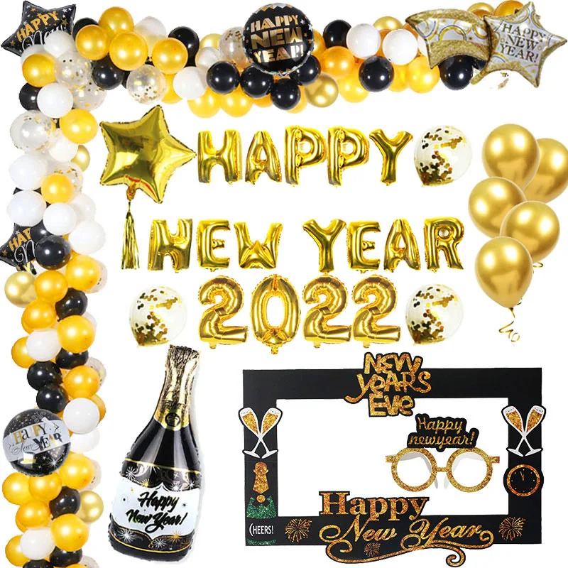 148pcs New Year Party Decorations Black Gold Confetti Balloon Happy New Year Balloons New Year Eve Photo Frame Photo props