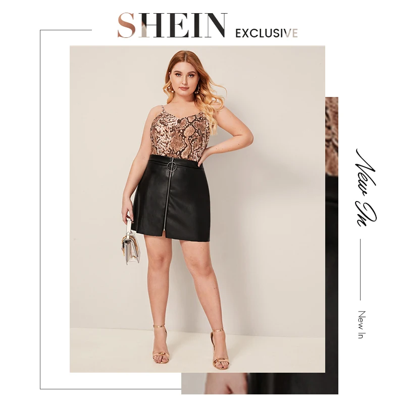 SHEIN плюс Размеры Черный уплотнительное кольцо молния спереди из искусственной кожи узкие юбки женские осень сплошной Искусственная кожа мотор Storm Гламурные трапециевидной формы мини-юбка