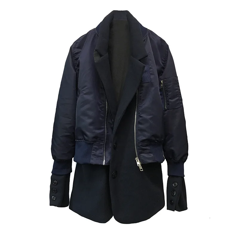 

QIG MO Autumn Winter Women Patchwork Coat 2019 Women Personality Outwear Female Fake Two Pieces Set Hot Sale ZQY2248