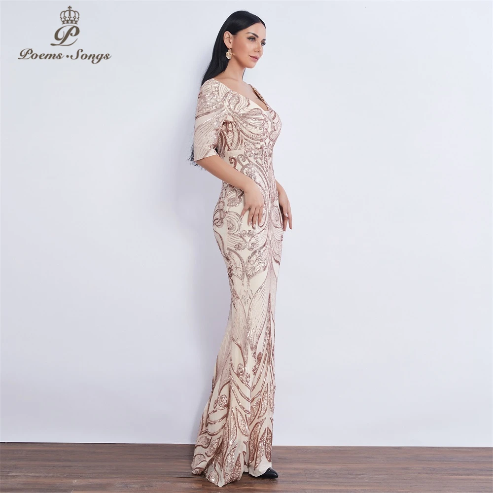 Half sleeve Butterfly style Sequin Evening dress vestido de festa formal mermaid vestido de noche robe de soiree prom dress