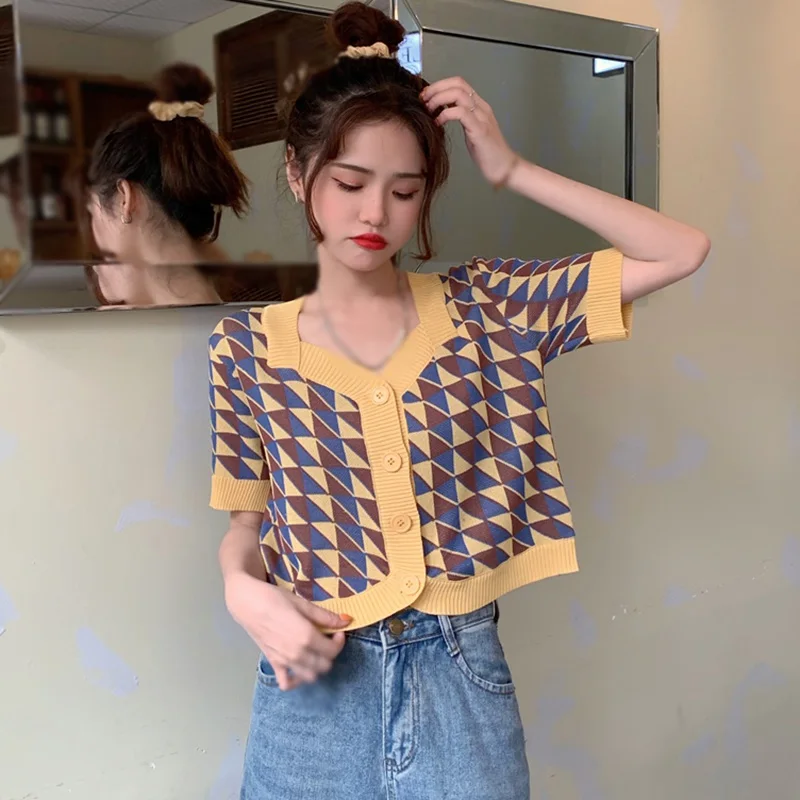 

Модная клетчатая футболка на пуговицах с квадратным вырезом, летний женский вязаный кардиган с коротким рукавом, Короткие топы