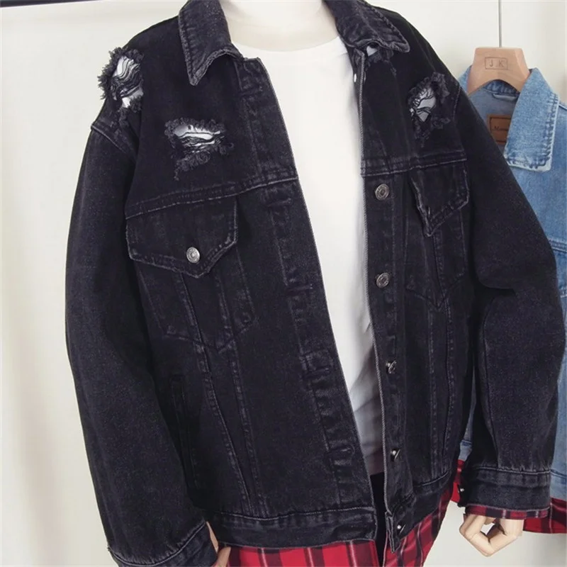 

Fashion Mid Long Stitching Plaid Shirt Jeans Jacket Coat Women Outerwear Autumn Loose Holes Denim Jackets Female Chaqueta Mujer