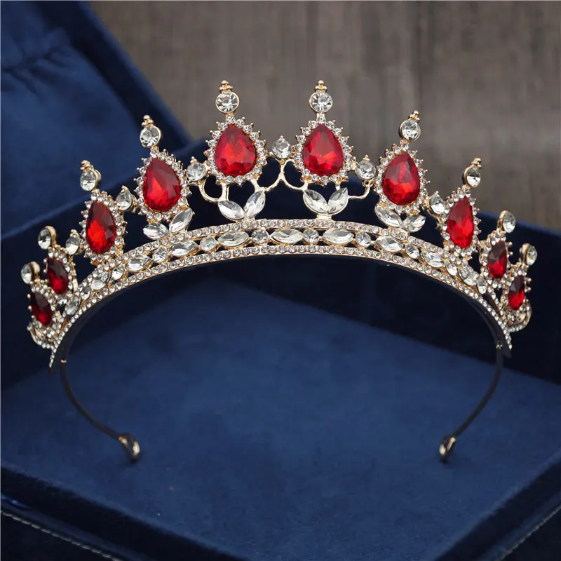 Gold Red Новая Винтажная тиара в стиле барокко, корона для королевы невесты, розовые хрустальные короны, свадебные модные украшения для волос, свадебные аксессуары - Окраска металла: Gold Red