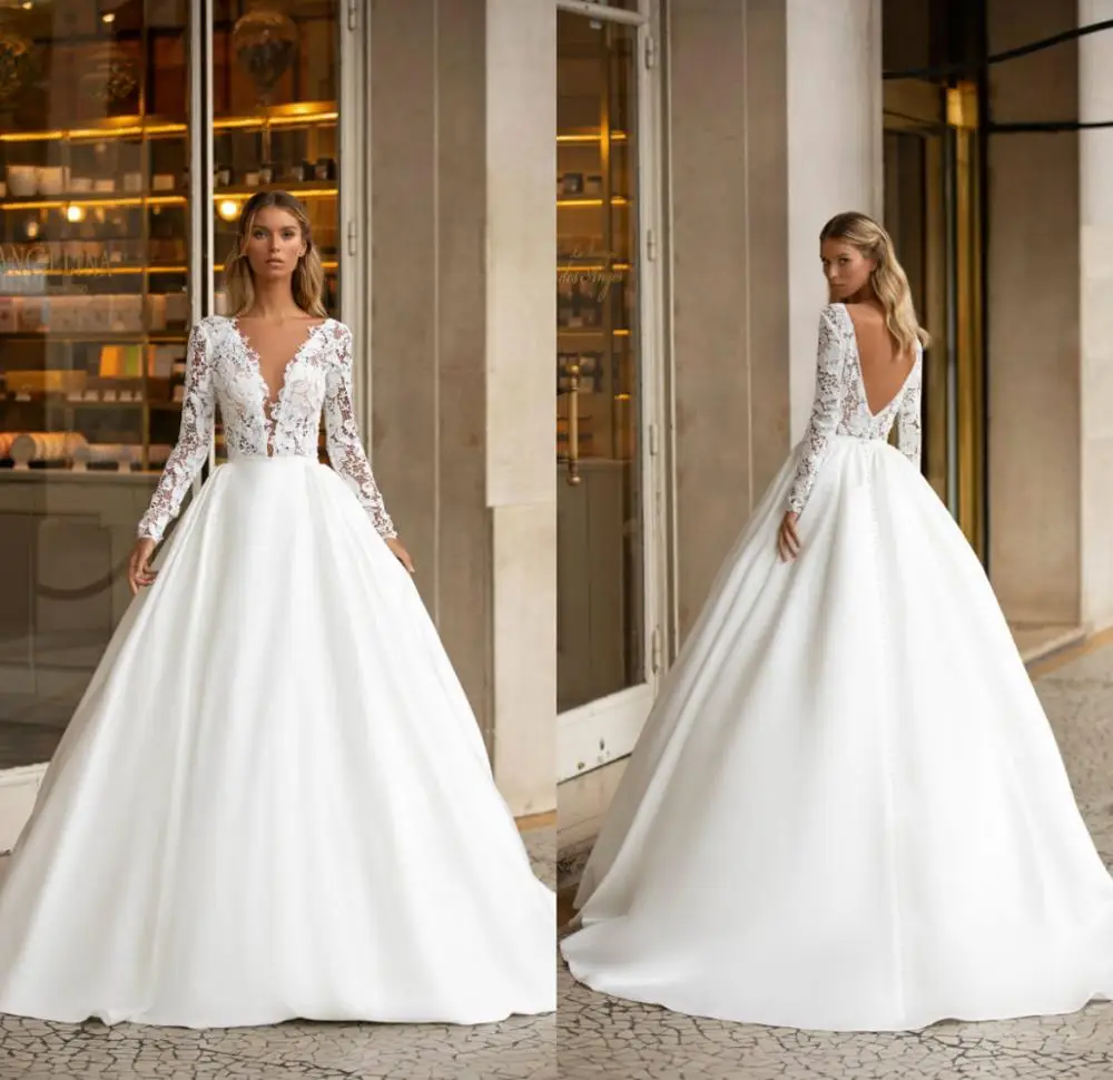 

2021 Wedding Dresses V Neck Long Sleeves Lace Appliques Satin Bridal Gowns Custom Made Sexy Backless Sweep Train Robe De Soiree