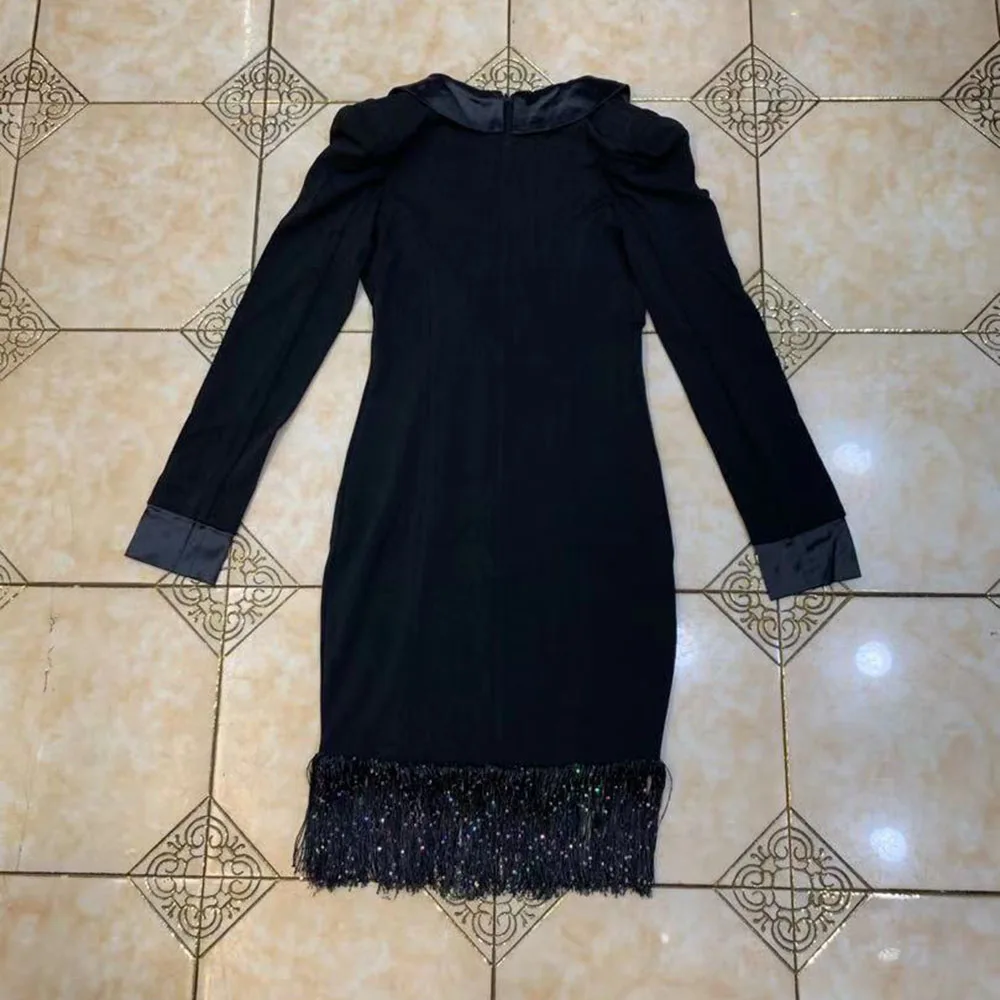 

Ocstrade Bodycon Dress Elegant Tassel Sexy V Neck Black Bodycon Dress 2021 New Women Autumn Long Sleeve Club Night Party Dress