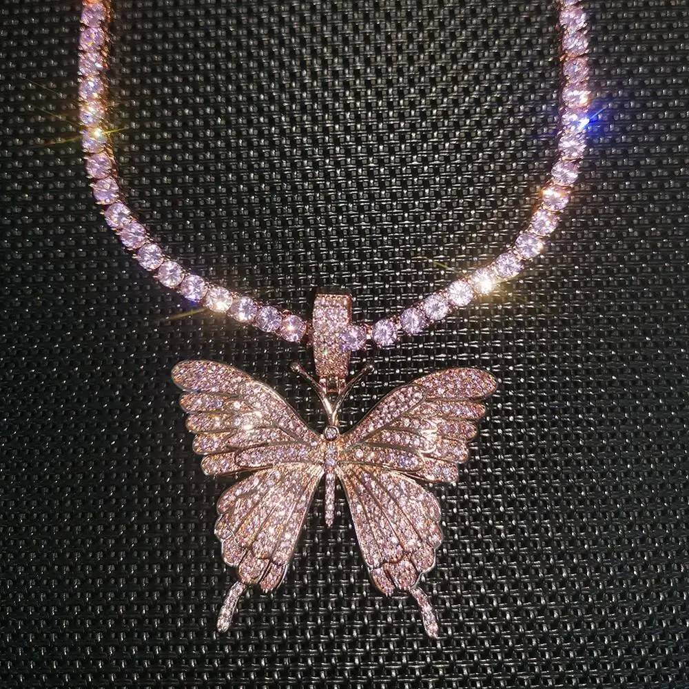 

Butterfly Necklace Pendant with Pink Tennis Chain Necklace Hip Hop Rock Animal Jewelry for Men Women Chain Gift