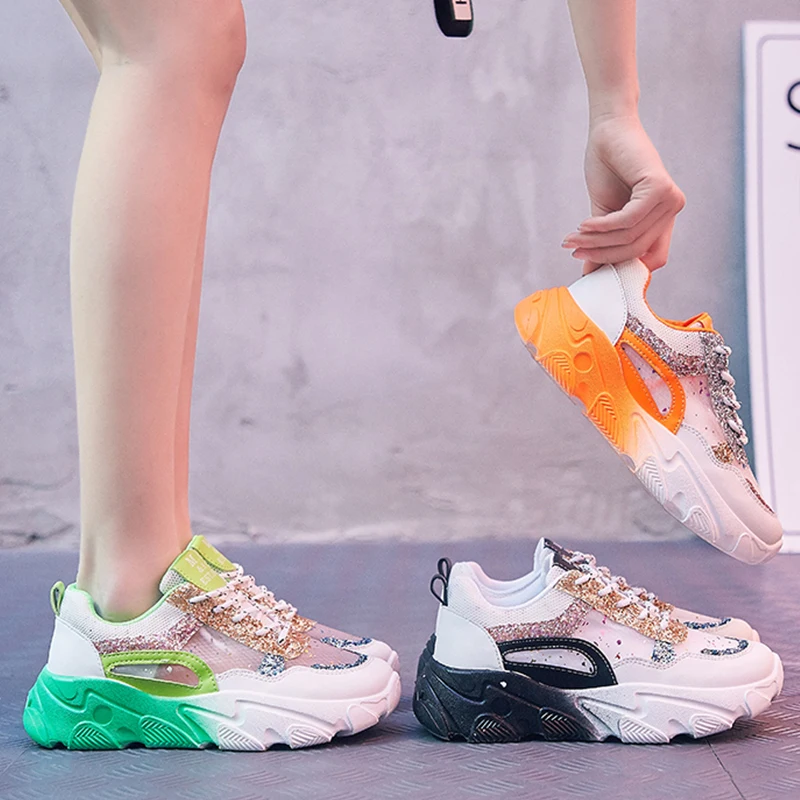 

2021 Women Platform Shoes Fashion Breathable Mesh Multicolor Shiny Dad Shoes Lace Up Thick Bottom Increase Women Shoes