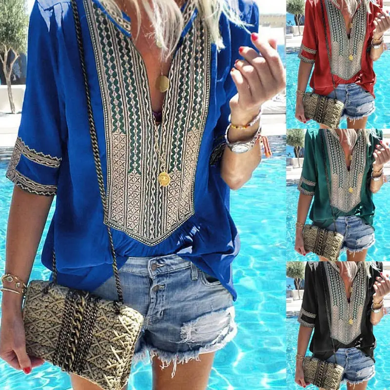 

New Arrival Women Boho Stripe V-Neck Short Sleeve Casual Blouse Tops for Summer