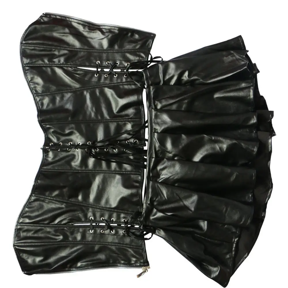 Women's Faux Leather Overbust Steampunk Black Corset Dress Sexy Erotic Bustier Lingerie Top with Skirt Clubwear costume |