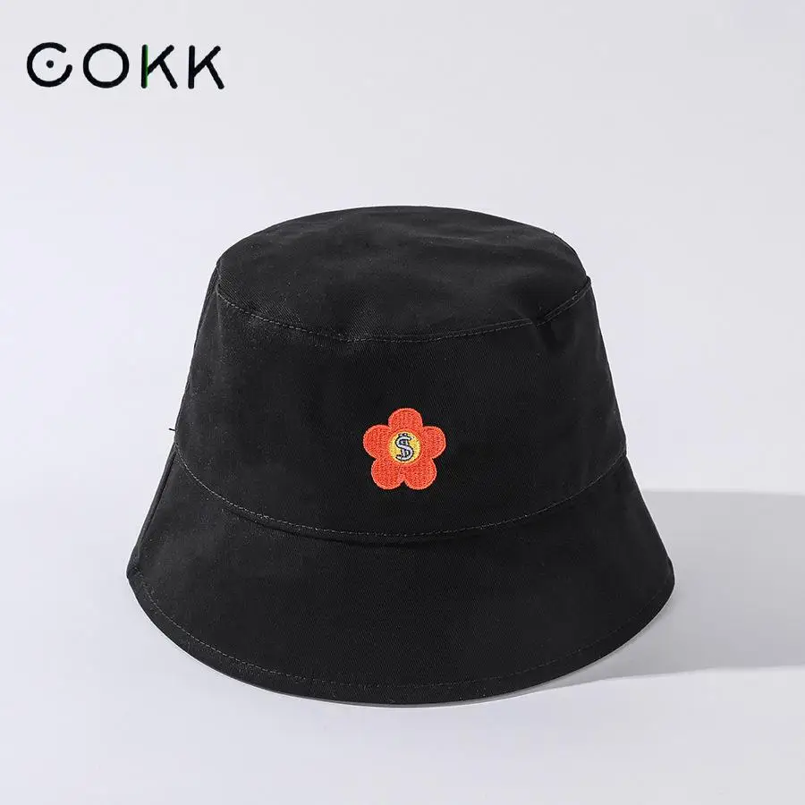 

COKK Bucket Hat Women Summer Spring Red Flower Fisherman Cap Hip Hop Bob Korean Casual Sun Hat Female Sunshade Gorro Flat Top