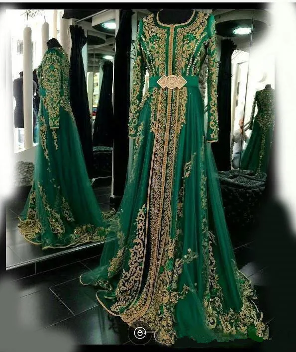 

Emerald Green Muslim Formal Evening Dresses Long Sleeves Abaya Designs Dubai Turkish Prom Evening Party Gowns Moroccan Kaftan