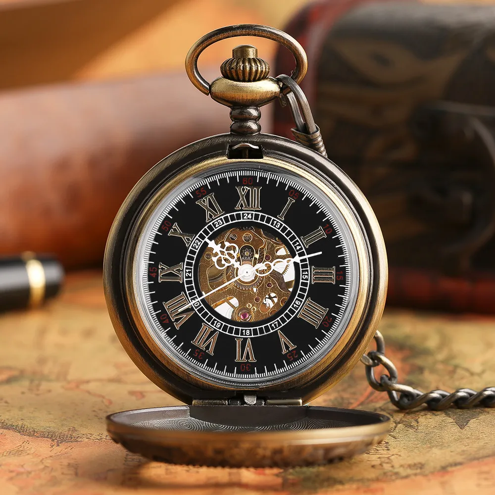Bronze Pattern Mechanical Hand Winding Pocket Watch Transparent Glass Cover Roman Numeral Retro Pocket Chain Pendant Male Clock