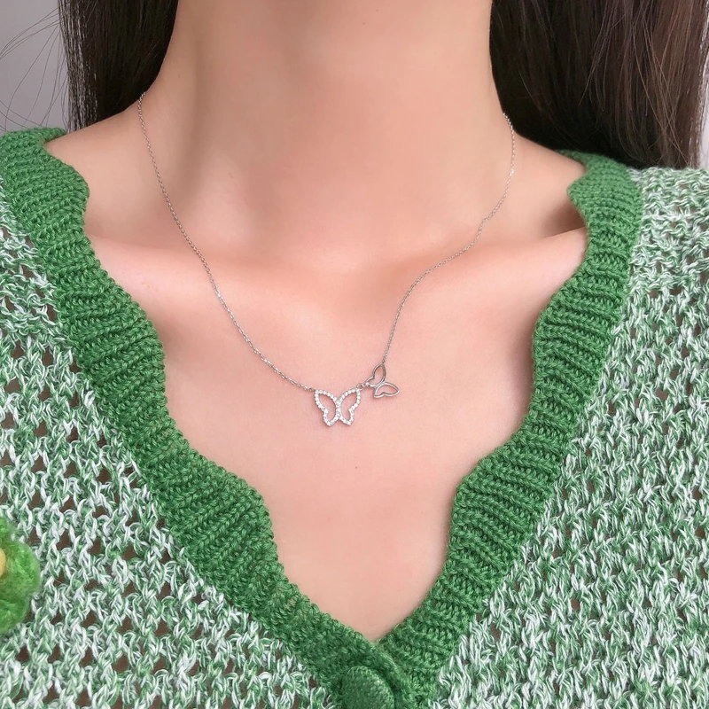 

Sparkling Mother Baby Butterfly Necklace 925 Silver Women Fashion Jewelry for Mom Birthday Gift