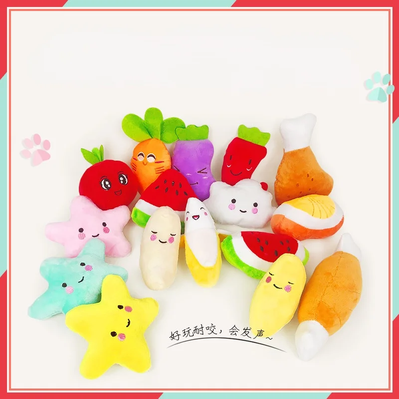 

1pc Sounding Puppy Dog Chew Toy Fruit Vegetable Chicken Drum Bone Squeak Toy for Cat Pets Plush Red Pepper Eggplant Radish
