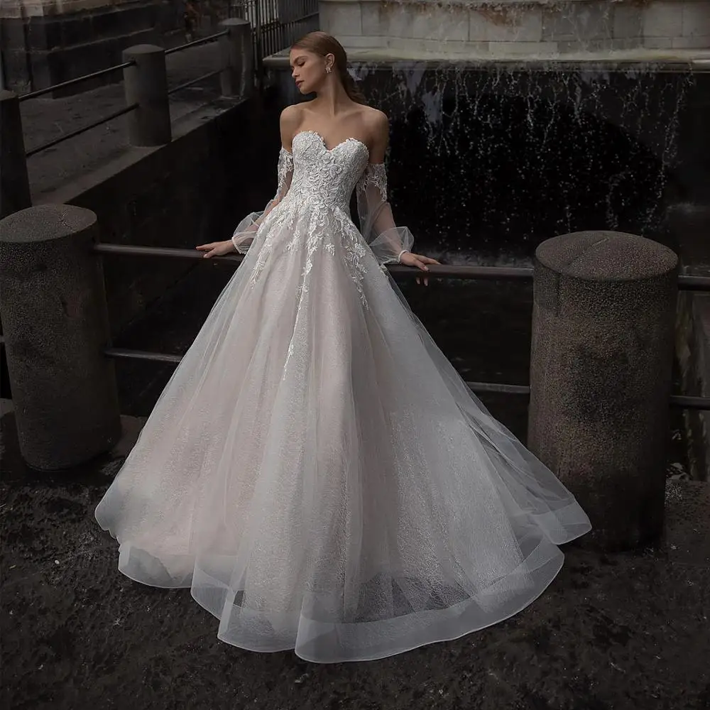 

Thinyfull Princess Sweetheart Wedding Dresses Long Puffy Sleeve A Line Bride Dresses Tulle Appliques Lace Up Bridal Dress Custom