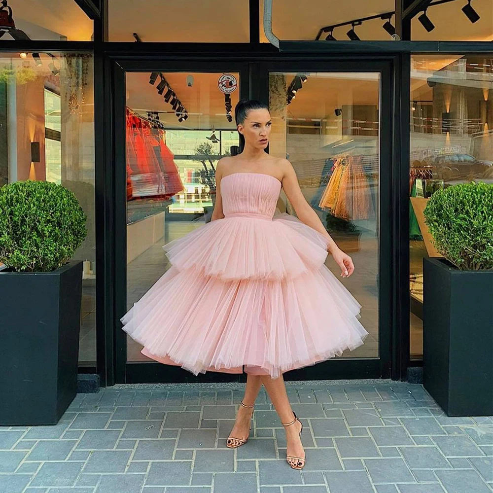

Laxsesu Pink Prom Dress A Line Strapless Short Cocktail Party Dress Plus Size 2022 Puffy Tulle Formal Party Gowns