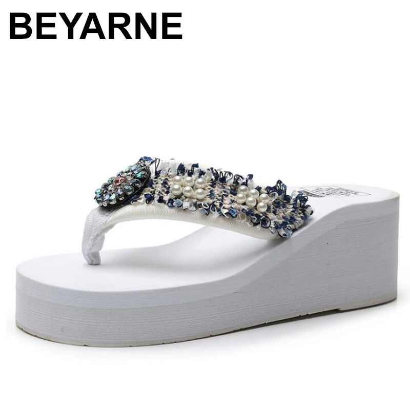 

BEYARNEPlus Size 35-42Pearl Platform Sandals Women Crystal Flip Flops Summer Beach Sandalia feminina slipper femme zapatos mujer