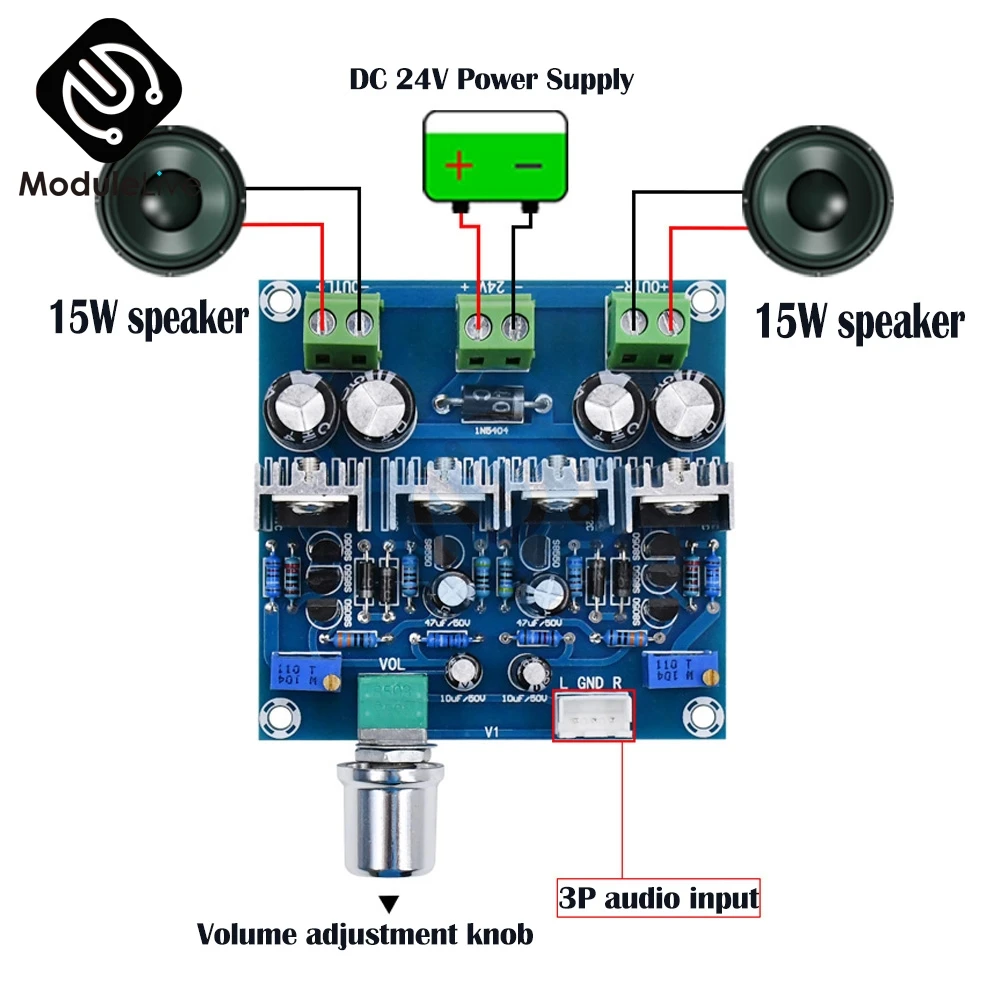 

XH-A851TIP41C TIP42C 15WX2 2 Channel Class Stereo Power Amplifier Board DC 24V 2A Class D 15W+15W Audio Conveter Amplify audio