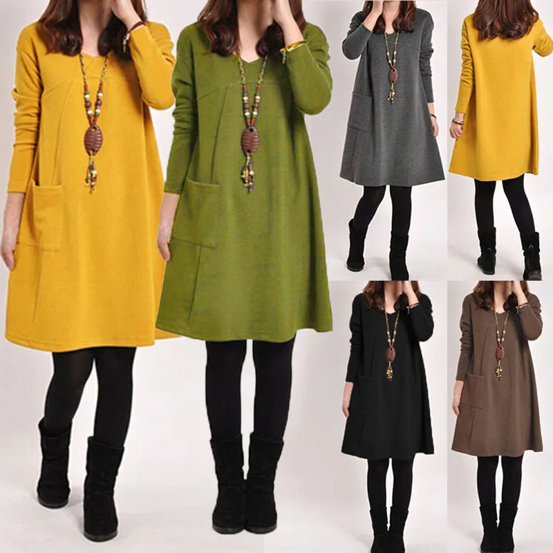 Платье Zanzea женское с длинным рукавом и карманами однотонное повседневное