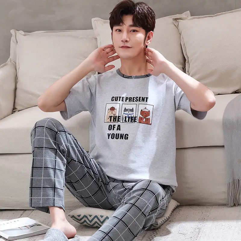 Casual Men Pajamas Set 2022 Short Sleeve Plaid Trousers Homewear Cat Letter Printing Boy Two-Piece Suit Loose O Neck Nightgown