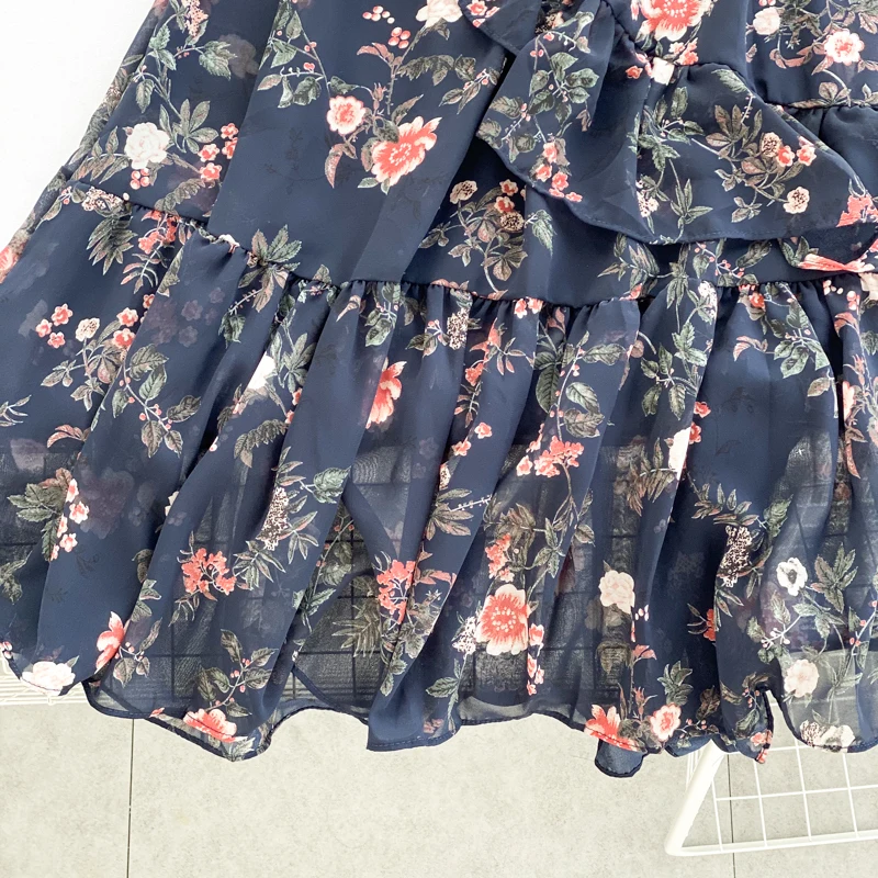 

New Arrivals Women Casual Voile Long-sleeved Irregular Swing Long Dress Ladies Slim Flowers Ruffles Long Dress