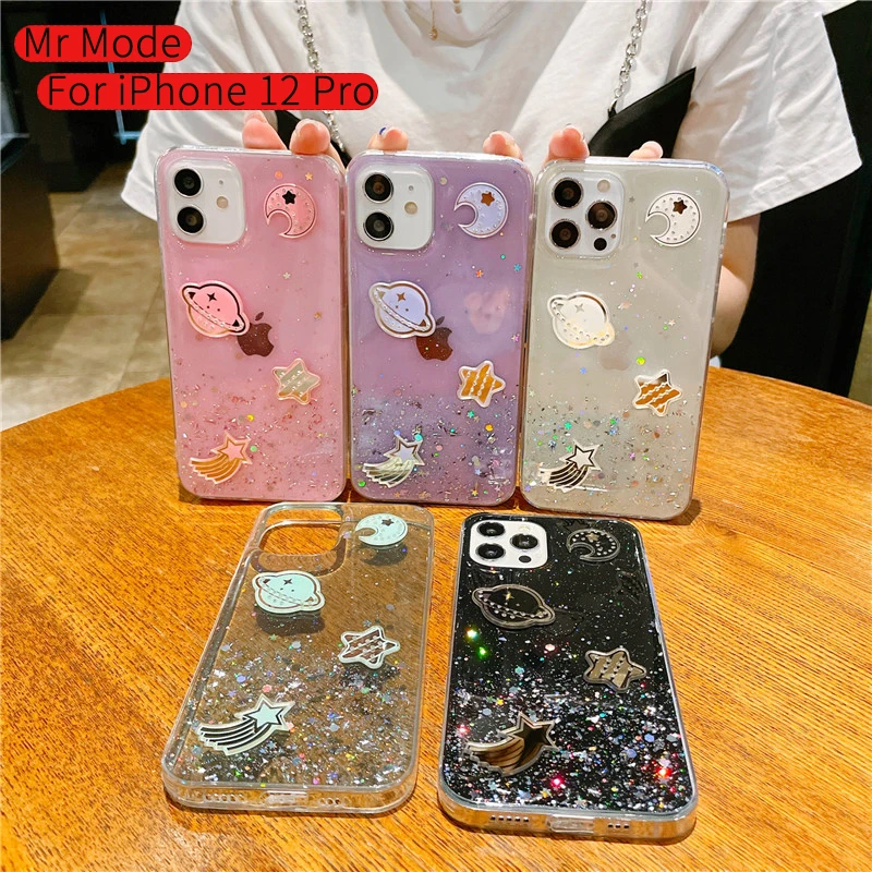 Прозрачный блестящий мягкий чехол с милым рисунком защитный для телефона iPhone 12 11