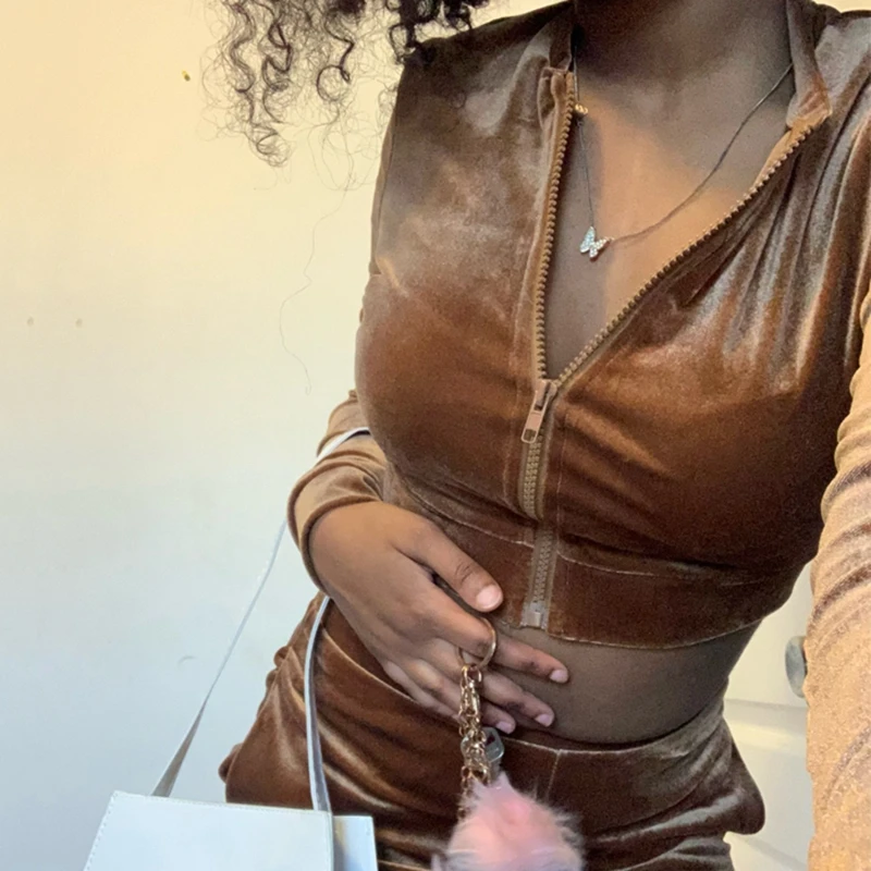 

Velvet Women Set Autumn Winter Velvet Crop Jacket And Tracksuit Joggers Two Piece Set Female Zip Up Crop Tops Sport Jogging Suit