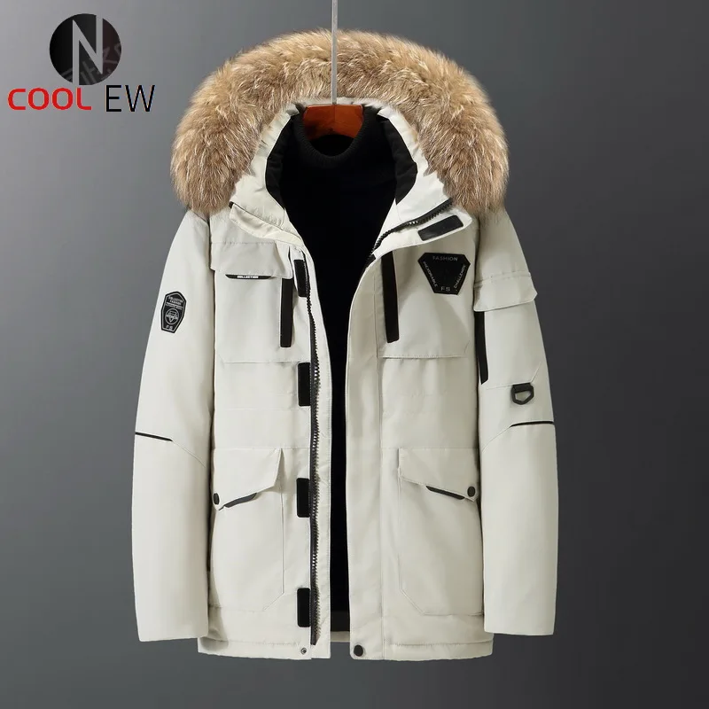 Мужской пуховик средней длины с большим меховым воротником теплая куртка для