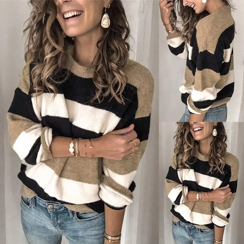 

2020 Women Fall Casual Long Sleeve Pullover O Neck Color Block Loose Knitted Sweater Women's Clothing