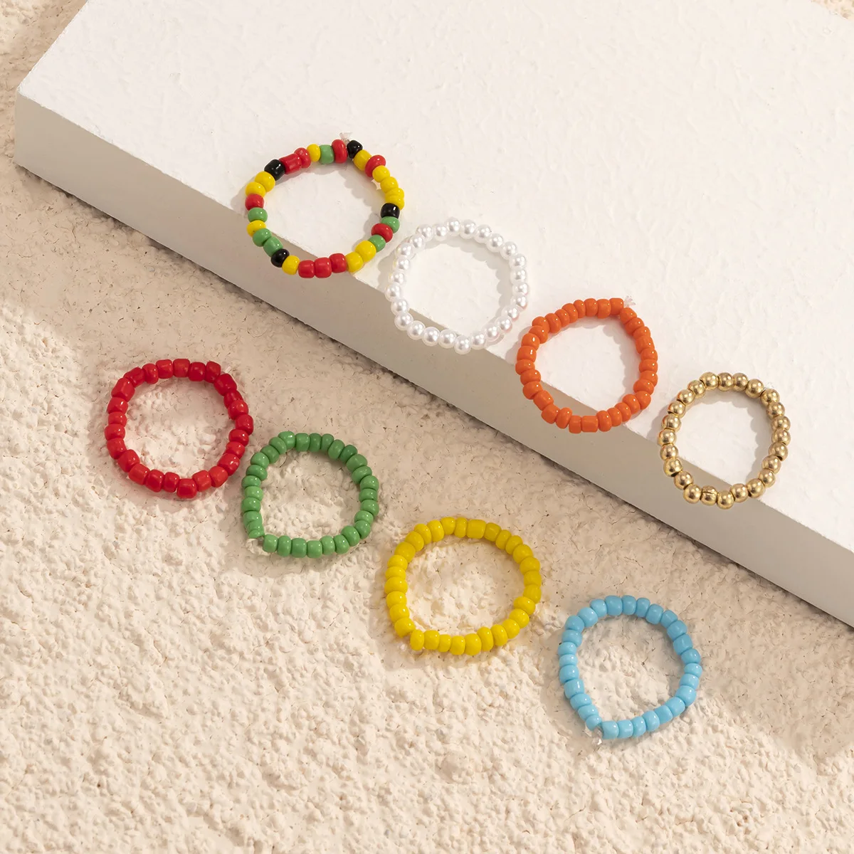 

8pcs/set Colorful Rainbow Beaded Rings Elastic Rope Ring Set Women Fashion Jewelry Bohemian Summer Beach Style