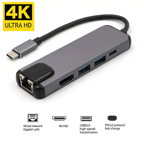 USB-концентратор с портами USB Type-C и RJ45, совместимый с HDMI