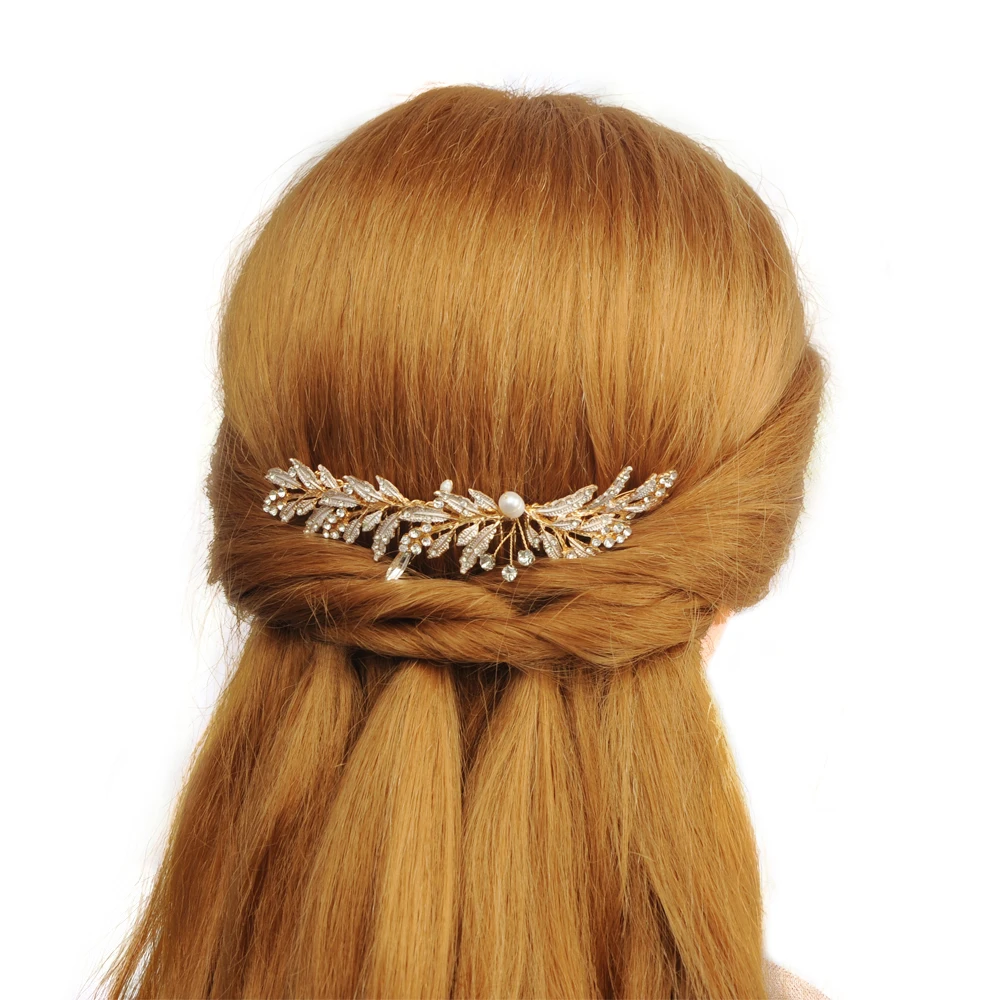 

TRiXY H12 Luxury Gold Leaves Headpieces Crystal Wedding Hair Accessories Metal Hair Comb Alloy Leaf Bridal Hair Clips Hairpins