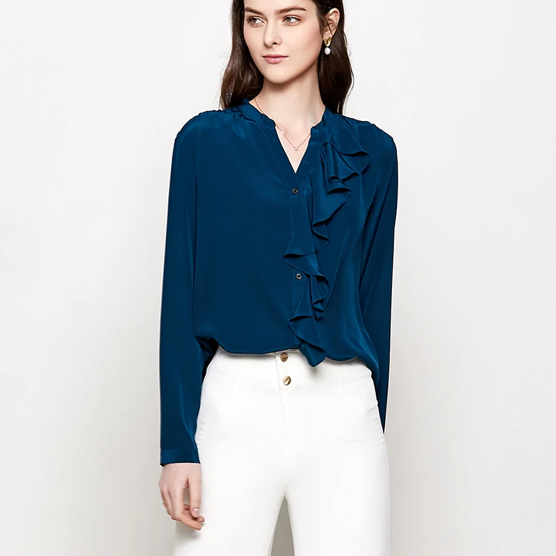 High Quality 100%Genuine Silk Woman Shirt Spring Autumn2021 Elegant Blouse for Women Longsleeve Tops Female Blusas Mujer Zjt2233