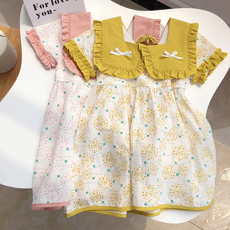 

New Square Collar Short Sleeve Printed Girl Dress Kids Clothes Summer Dress Cute Frill Bow Knot Children Clothes