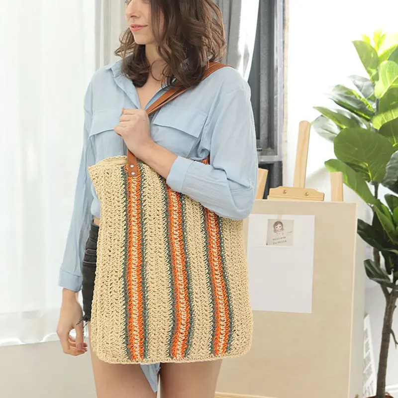 

YoReAi Women Handbag Summer Beach Bag Rattan Woven Handmade Knitted Straw Large Capacity Totes Women Shoulder Bag Stripe New