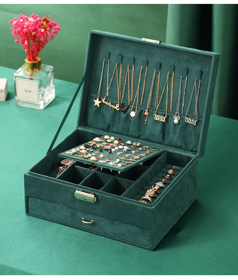 Fashion Flannel Jewelry Organizer Display Box With Lock Bracelet Necklaces Earrings Rings Stud Watch Jewelry Storage Holder Case