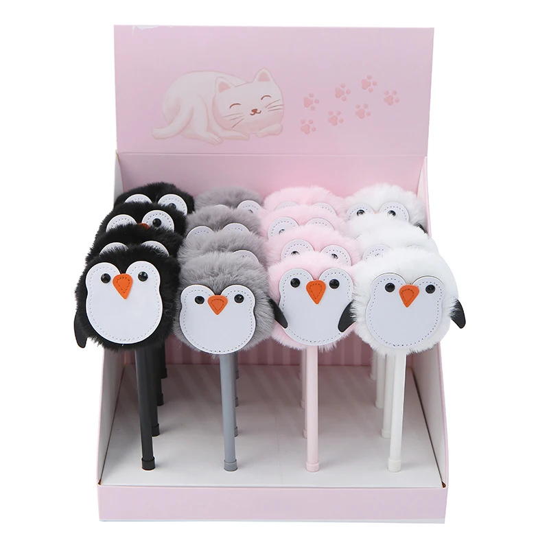 

12Pcs Creative Kawai Plush Furry Penguin Pens Fluffy Pom Fuzzy Kawaii Cute Pen Ballpoint Kids Girl Stationery Funny School Thing