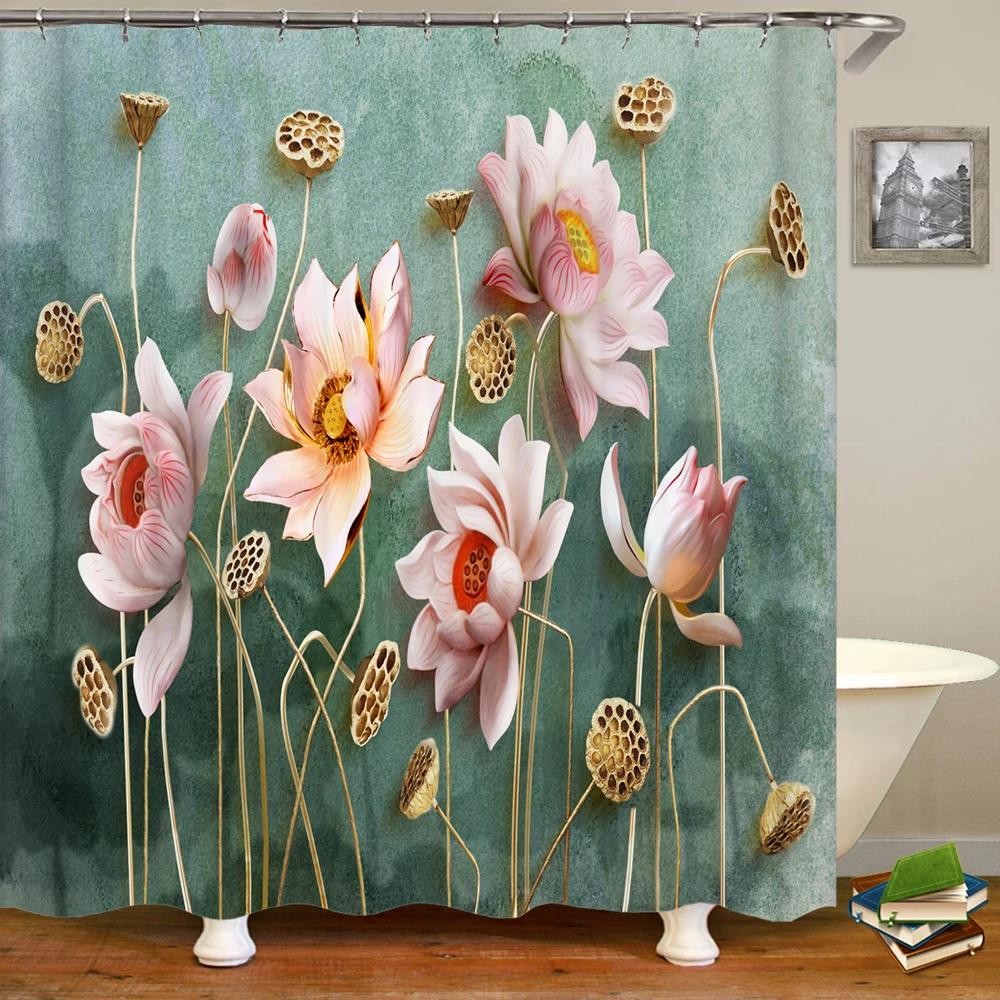 

Beautiful Colorful lotus Flower Floral Printed Shower Curtains Frabic Waterproof Polyester Bath Curtain With Hooks 180x180cm