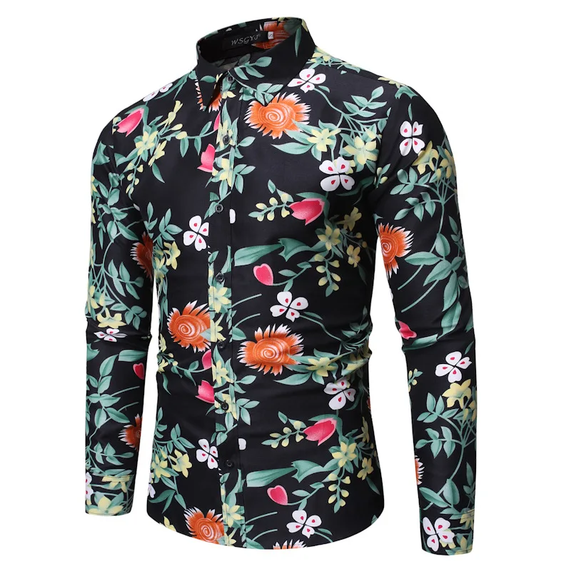 

Summer Man Shirt Mens Ethnic Printed Turn-down Collar Long Sleeve Loose Floral Hawaiian Shirt Beach Shirt Men Clothing