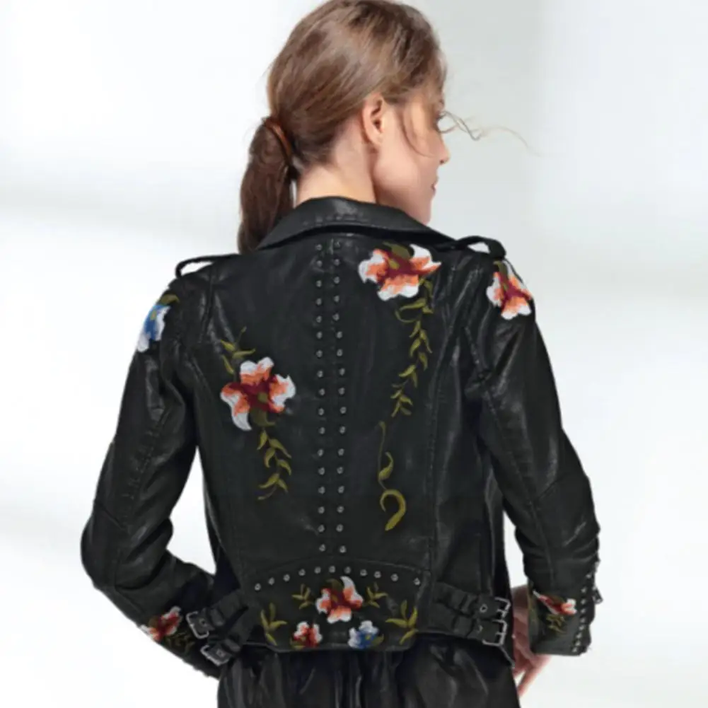 

Ladies Leather Jacket Embroidered Rivet Pu Embroidered Jacket Motorcycle Motorcycle Black Punk I1X1