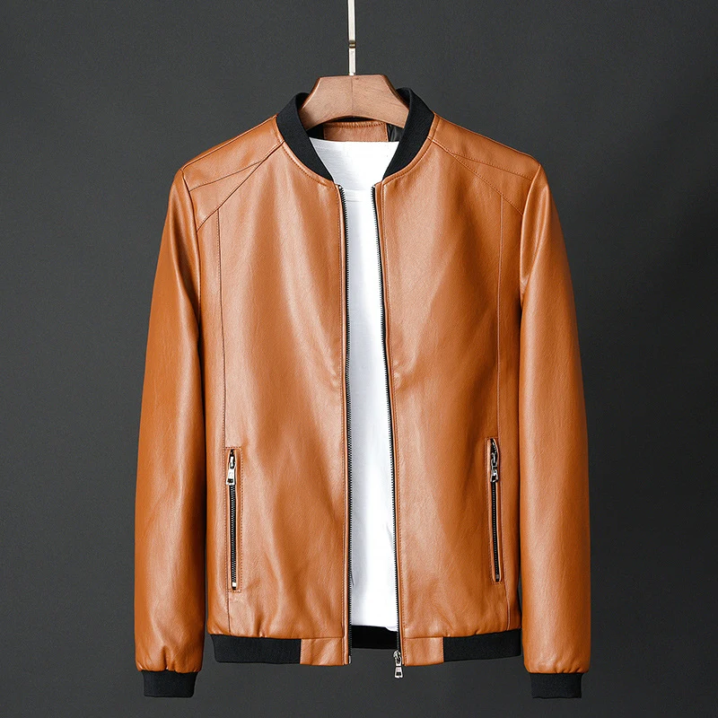 

Orange Jacket Men PU Leather Cycling Jacket Men Slim Fit Faux Leather Male Stand Collar Long Sleeve Top Casual Boy Coat Oversize