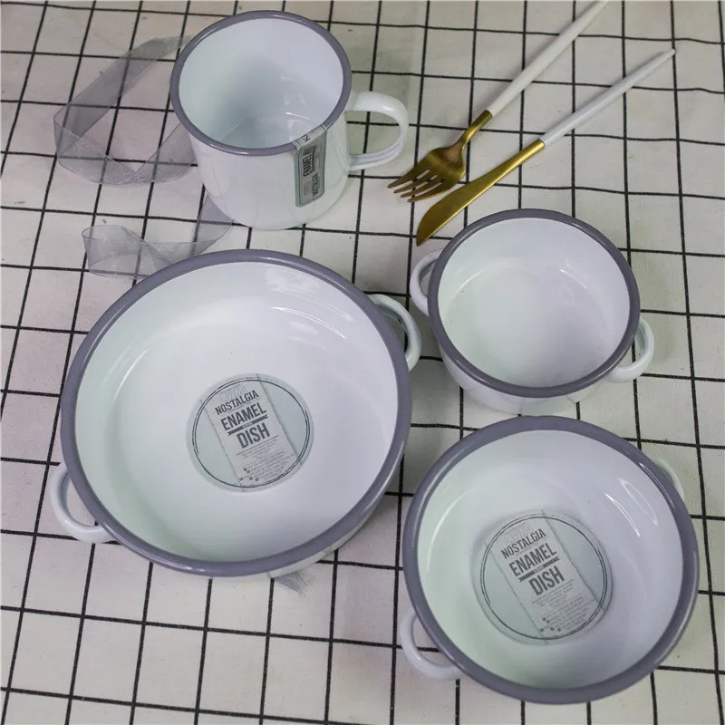 Премиум эмалированная Кружка молочная чашка с двойным ушным ГЛУБОКАЯ ТАРЕЛКА