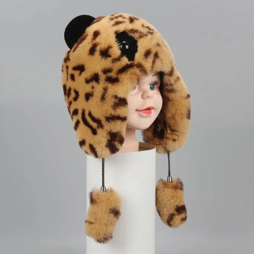ICYMI Cute Winter Bear fur hat boys girls real rabbit children earmuffs warm Bomber hats caps | Аксессуары для одежды