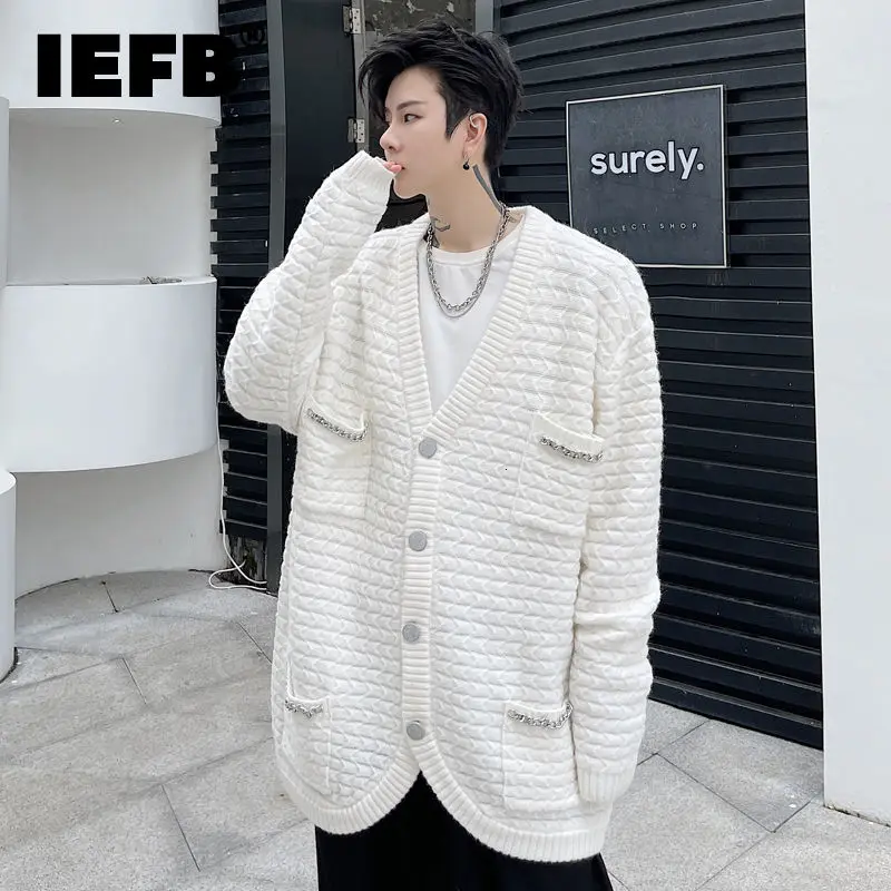 

IEFB Men's Metal Pendant Multi Pocket Men's Knitted Cardigan Thick Sweater 2022 New Autumn Winter Oversized Clothing Tide 9Y9804