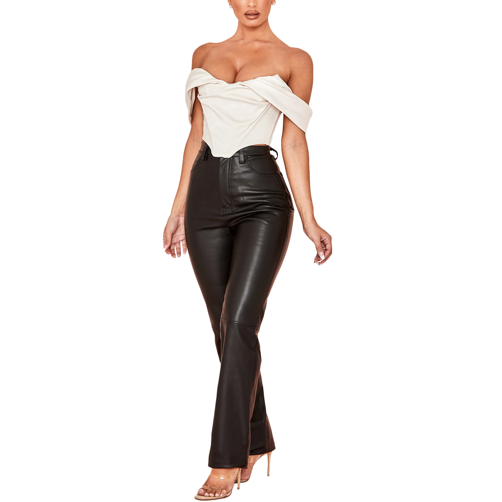 

New Women Solid Color Leather Pants Adults High Waisted Straight-leg Zipper Trousers