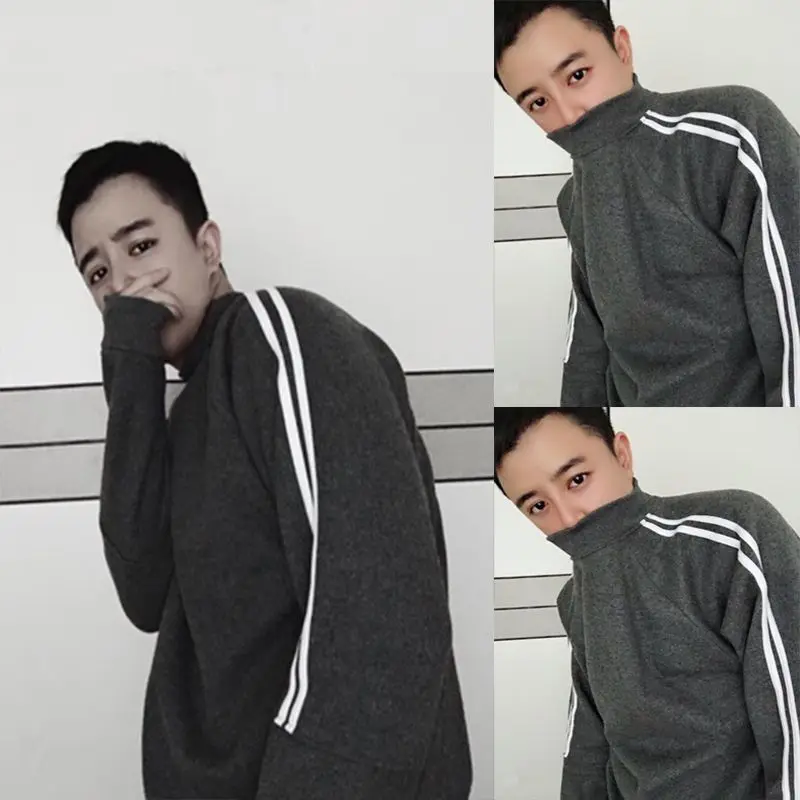 Men Japanese Style Warm Solid Color Round Collar Sweater Long Sleeve Elastic Slim Pullover Tops