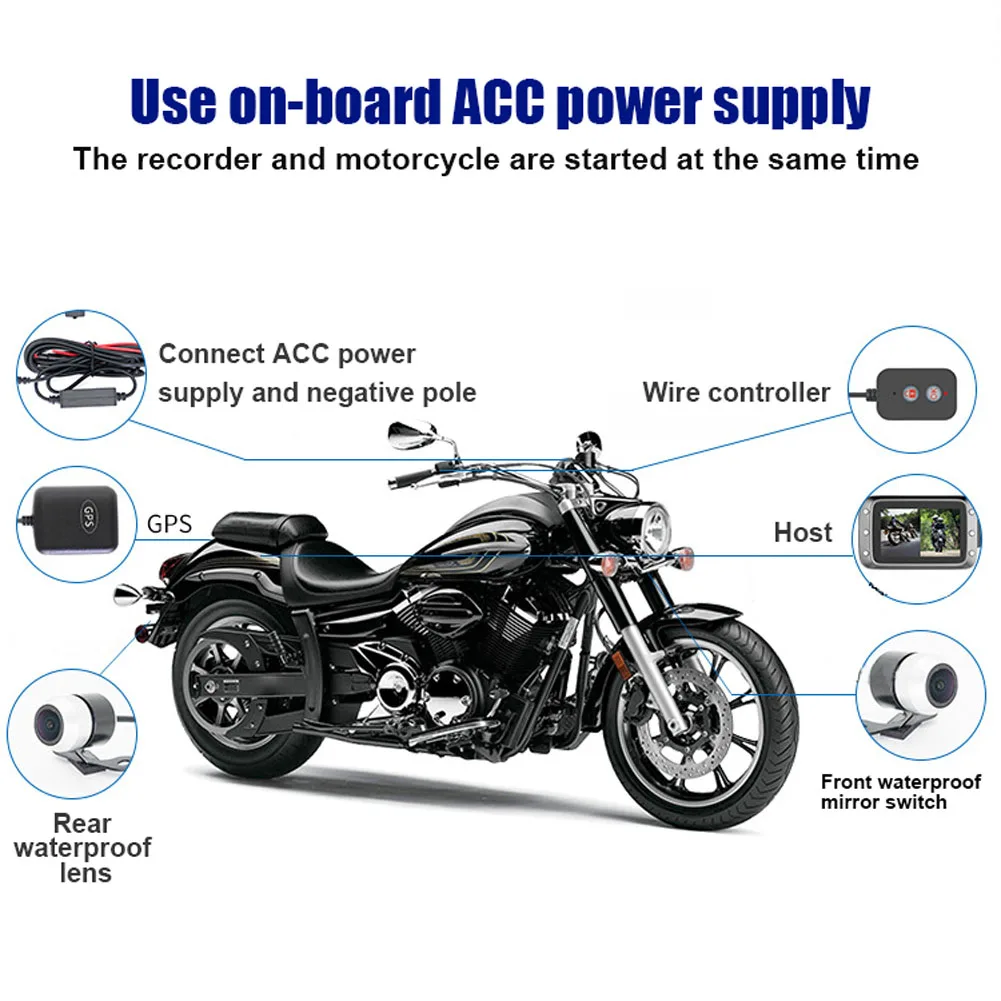

Motorcycle Dash Cam Camera Waterproof 1080p Dual Lens 140 Wide Angle 3" LCD Screen Motorcycle Night Vision Loop Recording