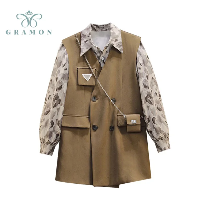 

Blouses Plus SizeBlusa Feminina Autumn New Leopard Print Shirts+Vest Fashion Streetwear Cool Girl Long Sleeve Tops Women 2021